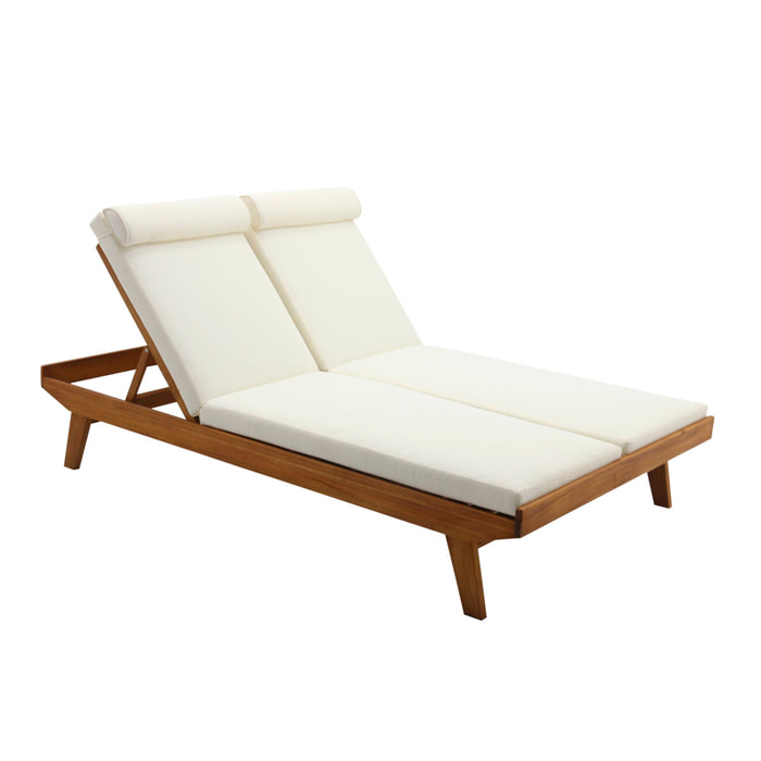 Bain de soleil double avec dossiers multipositions beige et bois massif L127 cm CARACAS