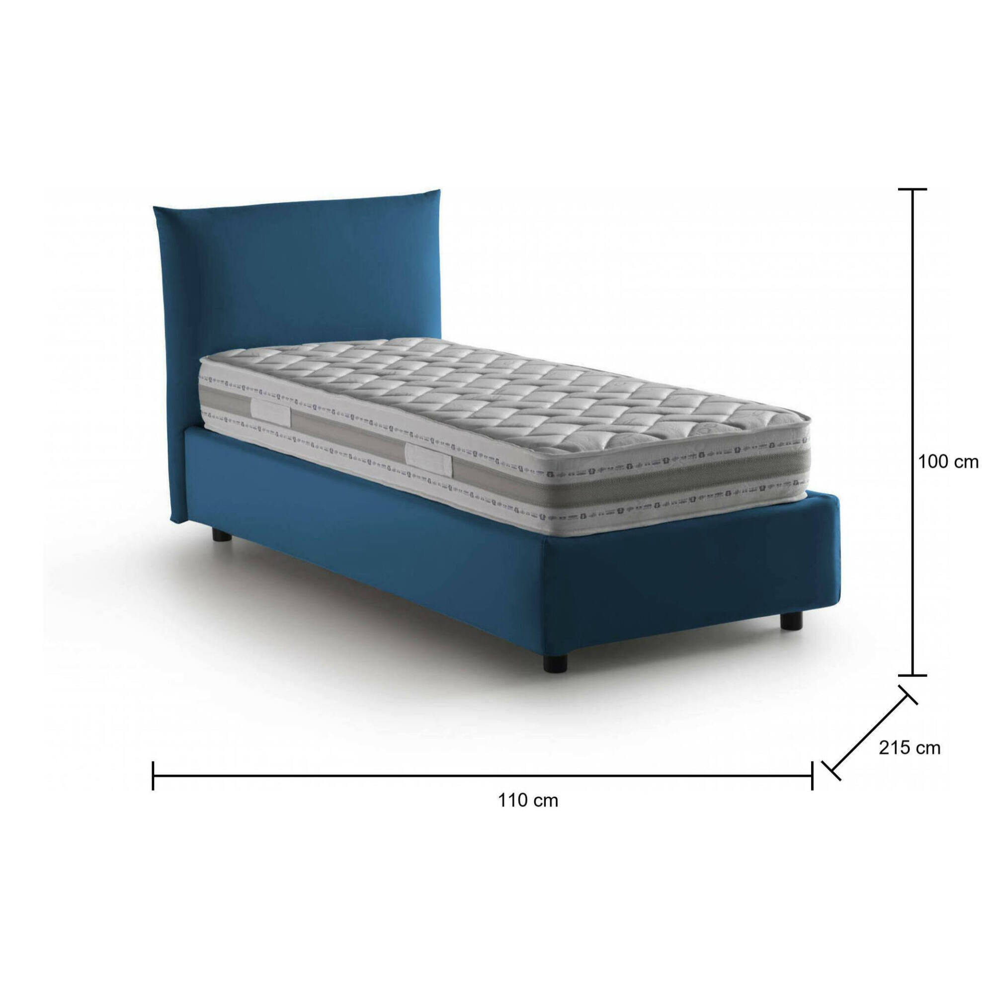 Letto singolo Cosetta, Letto contenitore con rivestimento in tessuto, 100% Made in Italy, Apertura laterale, con materasso Cm 80x190 incluso, Blu