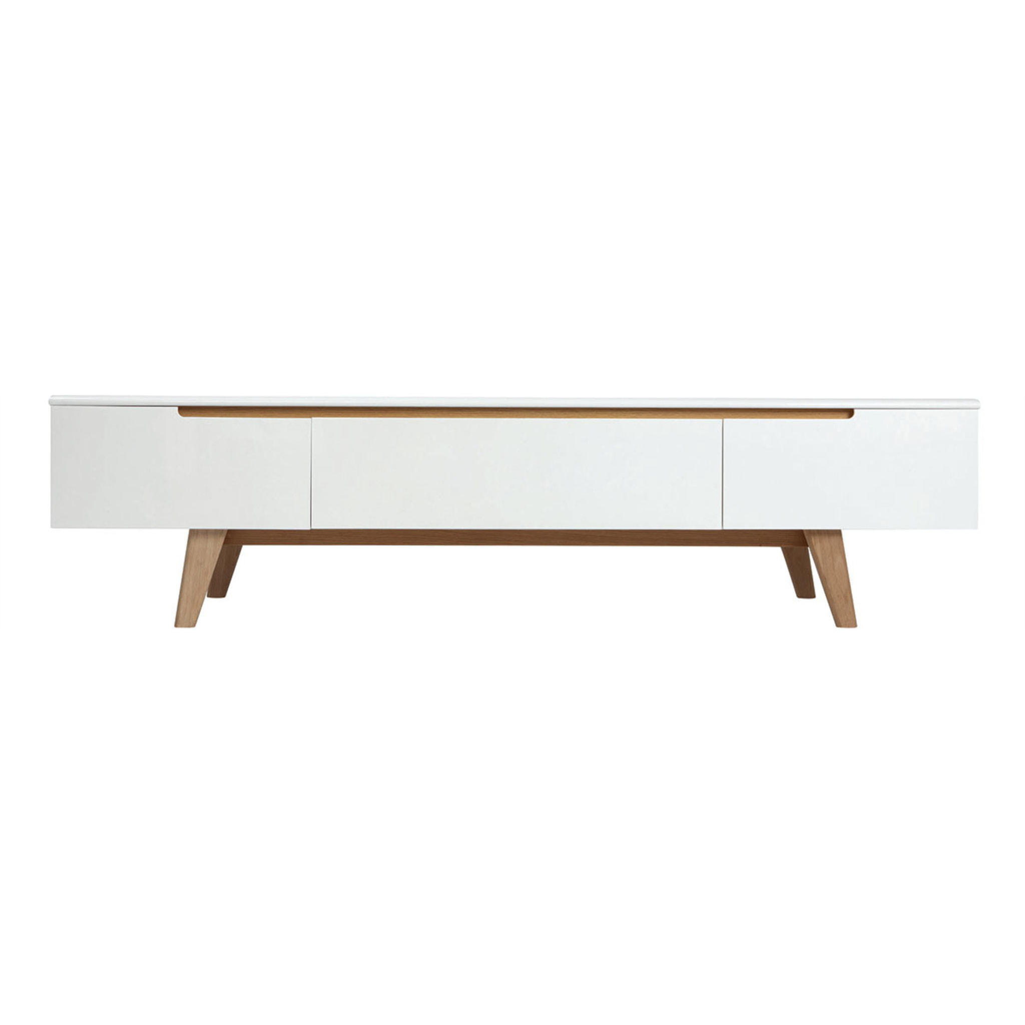 Meuble TV scandinave blanc laqué brillant et bois L180 cm MELKA