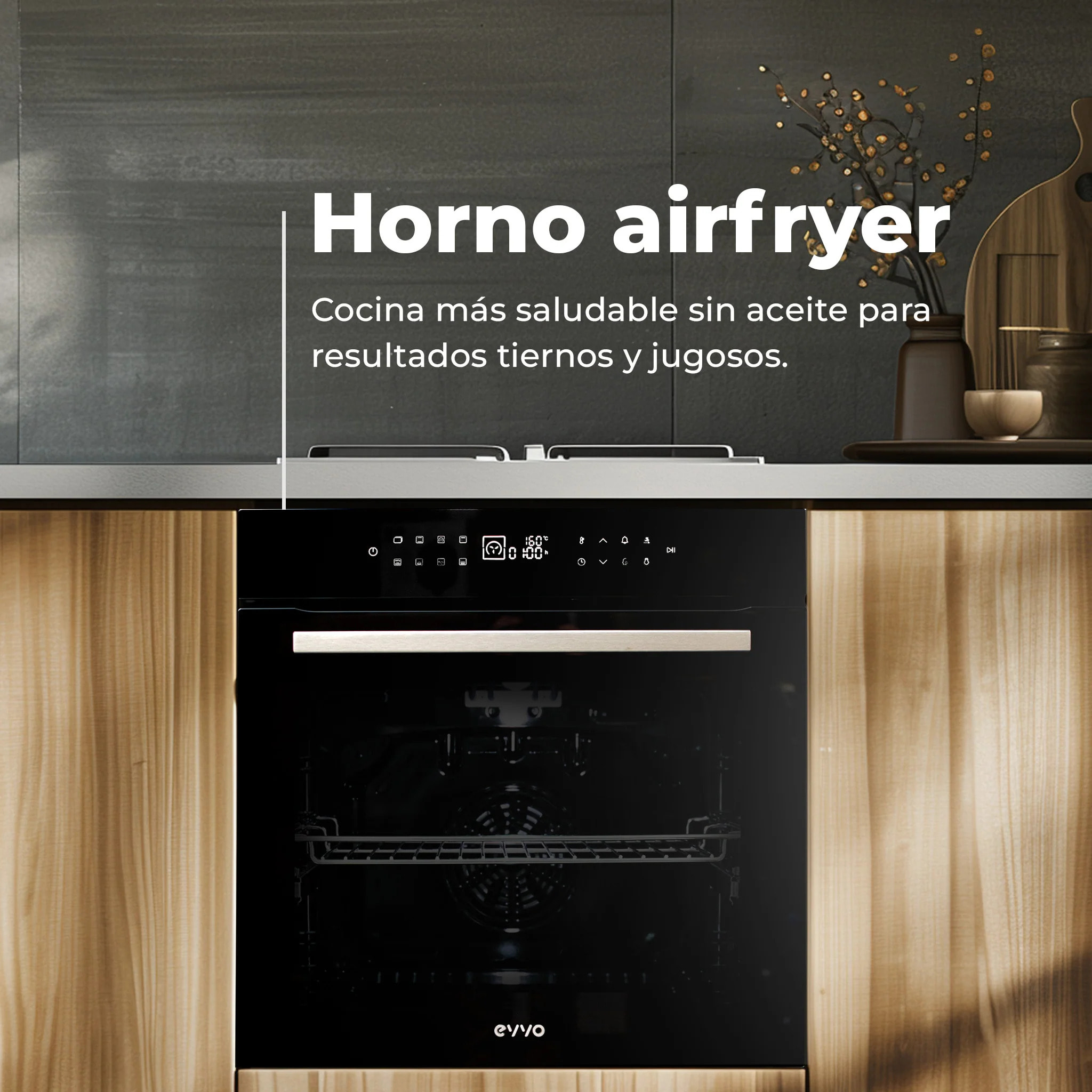 EVVO Horno Airfryer H26, 81L, clase A+, 14 programas, función airfryer, display táctil digital, temporizador, guías telescópicas, negro