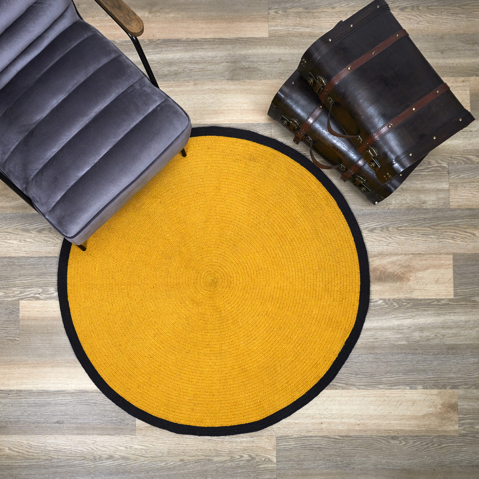 Tapis Rond Coton Moutarde Bord Noir 120cm