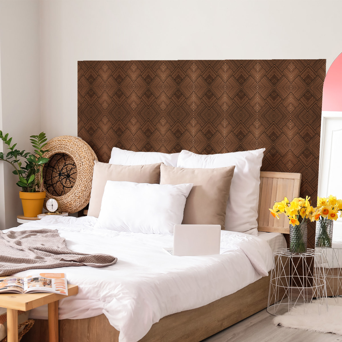 Rouleau revêtement adhésif vinyle au mètre - Sticker mural tête de lit - BOIS BRUN ART DÉCO