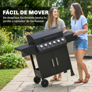 Barbacoa de Gas BBQ Gas con 6 Quemadores 15 kW, Barbacoa Portátil con Termómetro, Mesas Laterales, Armario, Rejilla Calentadora, Parrilla, Recogedor de Grasa, 2 Ruedas y Tapa, Negro