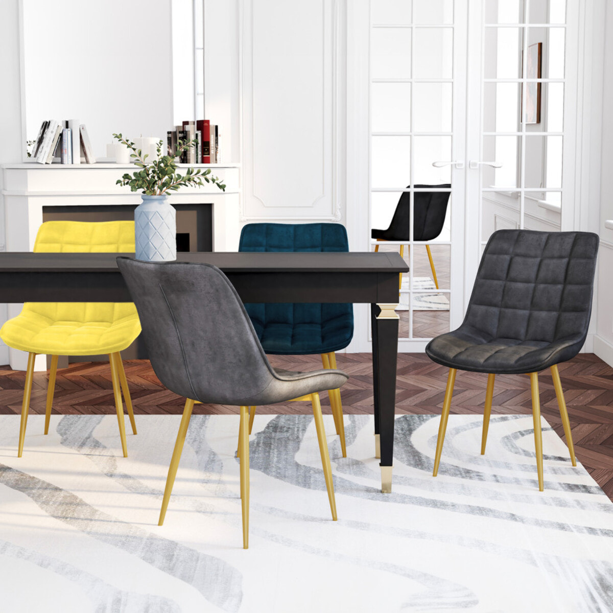 Chaises Melinda en velours mix de couleurs (bleu, gris clair, gris foncé et jaune) et pieds dorés - lot de 4