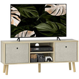 Mueble de TV, Mesa de TV con 2 Cajones de Tela, 2 Estantes Abiertos, Orificios para Cables, para Televisores hasta 50 Pulgadas, Largo de 110 cm, para Salón, Dormitorio, Madera y Beige