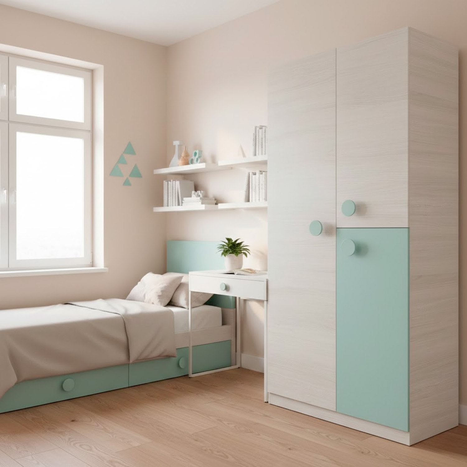 Armadio Armadietto Per Cameretta E Camera Da Letto Mobile Mobiletto Guardaroba Compatto Barra Appendiabiti 200 x 90 x 52 Cm Bianco Alpi e Verde Acqua