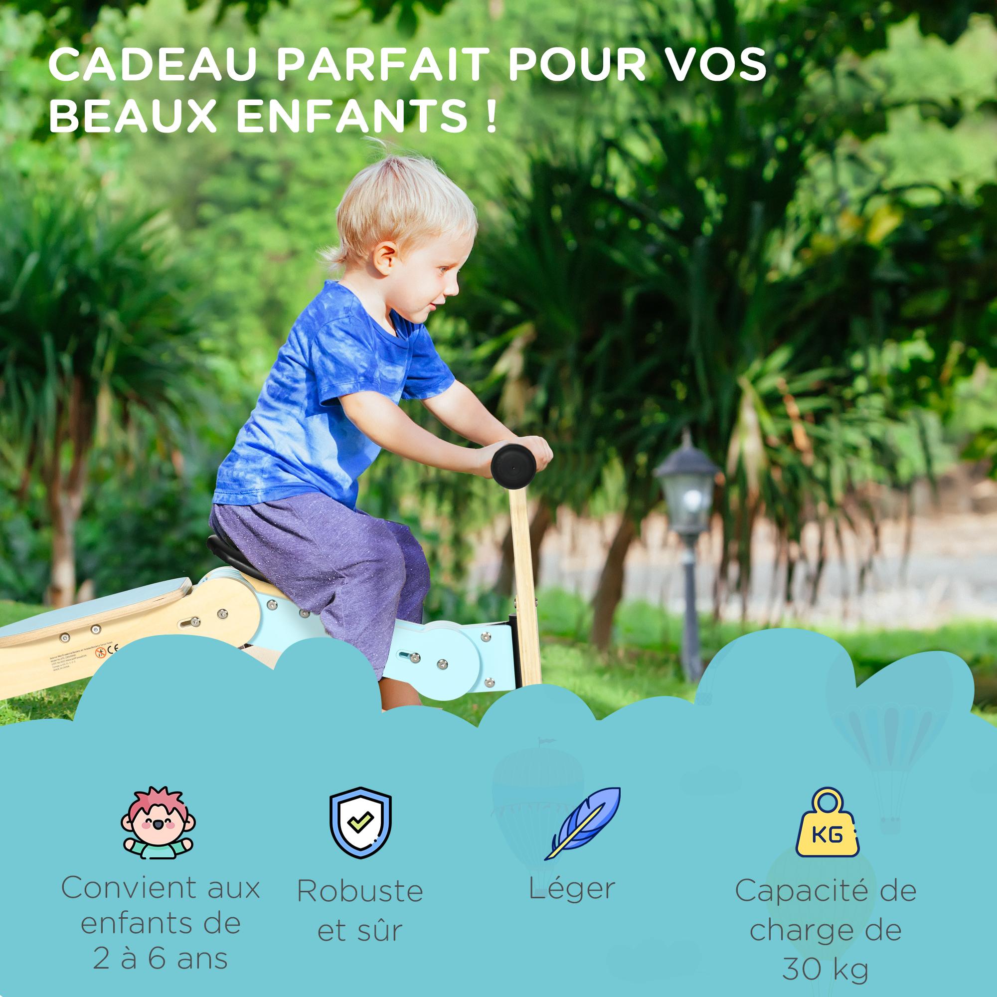 Draisienne trottinette enfant 2 en 1 - roues EVA texturées, guidon ergonomique, marche-pied antidérapant - panneaux bois bleu ciel