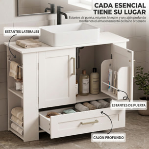 HOMCOM Mueble Bajo Lavabo, Mueble de Baño con Estantes en la Puerta, Portarrollos, Cajón, Compartimentos Abiertos, para Lavabo sin Pedestal, 80x30x62 cm, Blanco