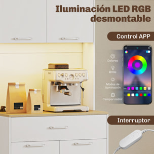 Alacena de Cocina con Luces LED y Estación de Carga, Control por APP, Mueble Auxiliar de Cocina con 4 Puertas, Cajón, Encimera Abierta para Microondas, Estantes Ajustables, 71x40x180 cm, Blanco