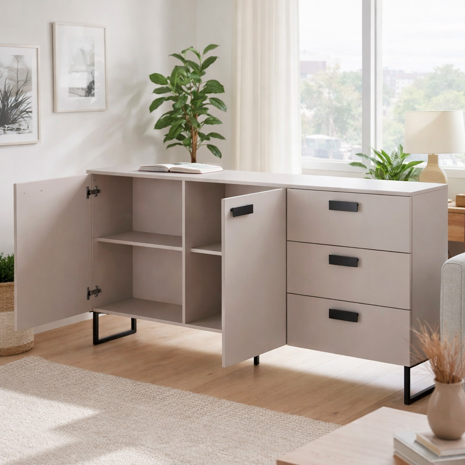 Madia con 2 Ante 3 Cassetti E Ripiani Interni Mobile Soggiorno Moderno In Melaminico Con Maniglie E Piedini Neri 184 x 86 x 40 Cm Cashmere