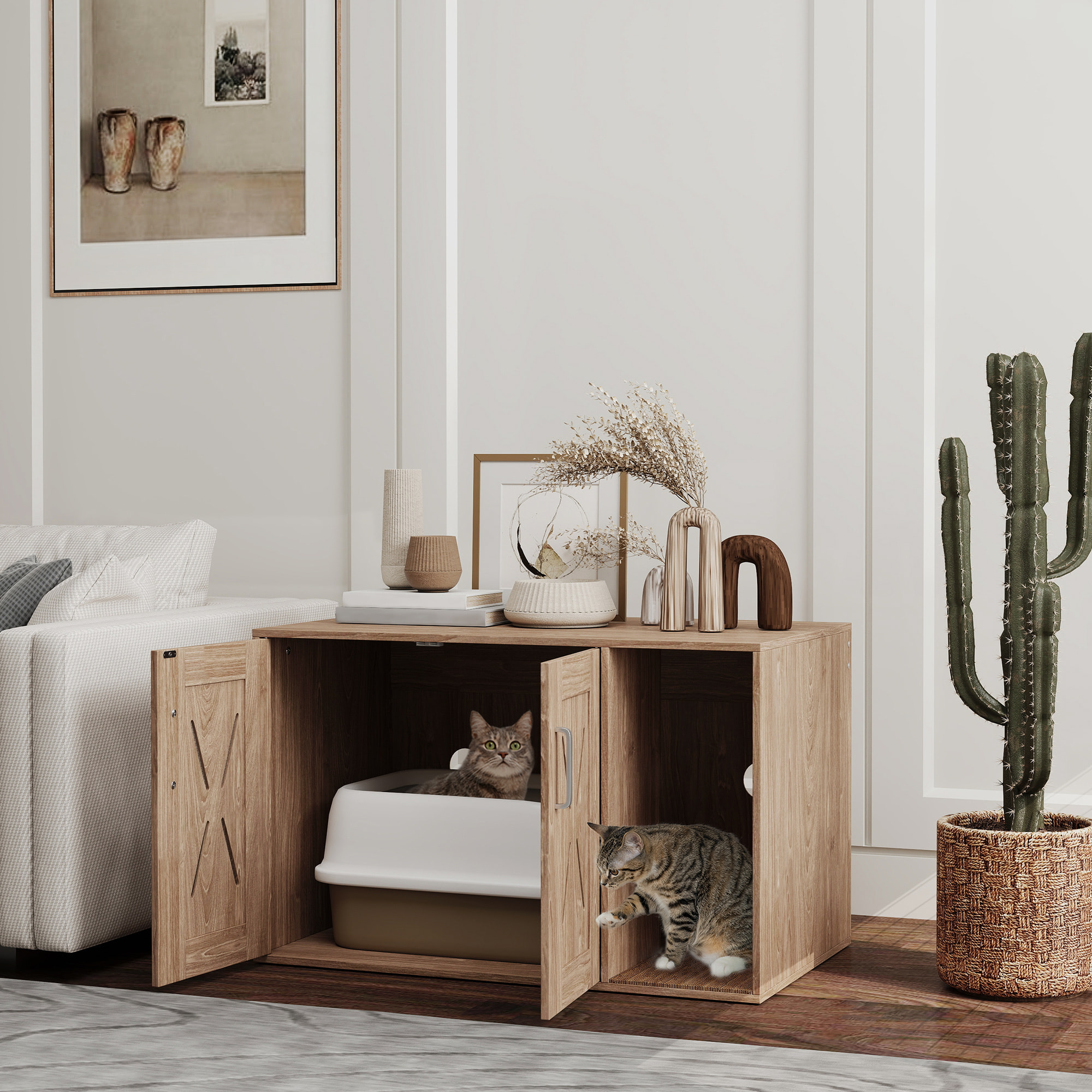 Mueble Arenero para Gatos 3 en 1 Nido Mesa Auxiliar Caja de Arena para Gatos con Puertas Estera para Rascar y Compartimento para Salón Dormitorio 80x48x50,5 cm Marrón