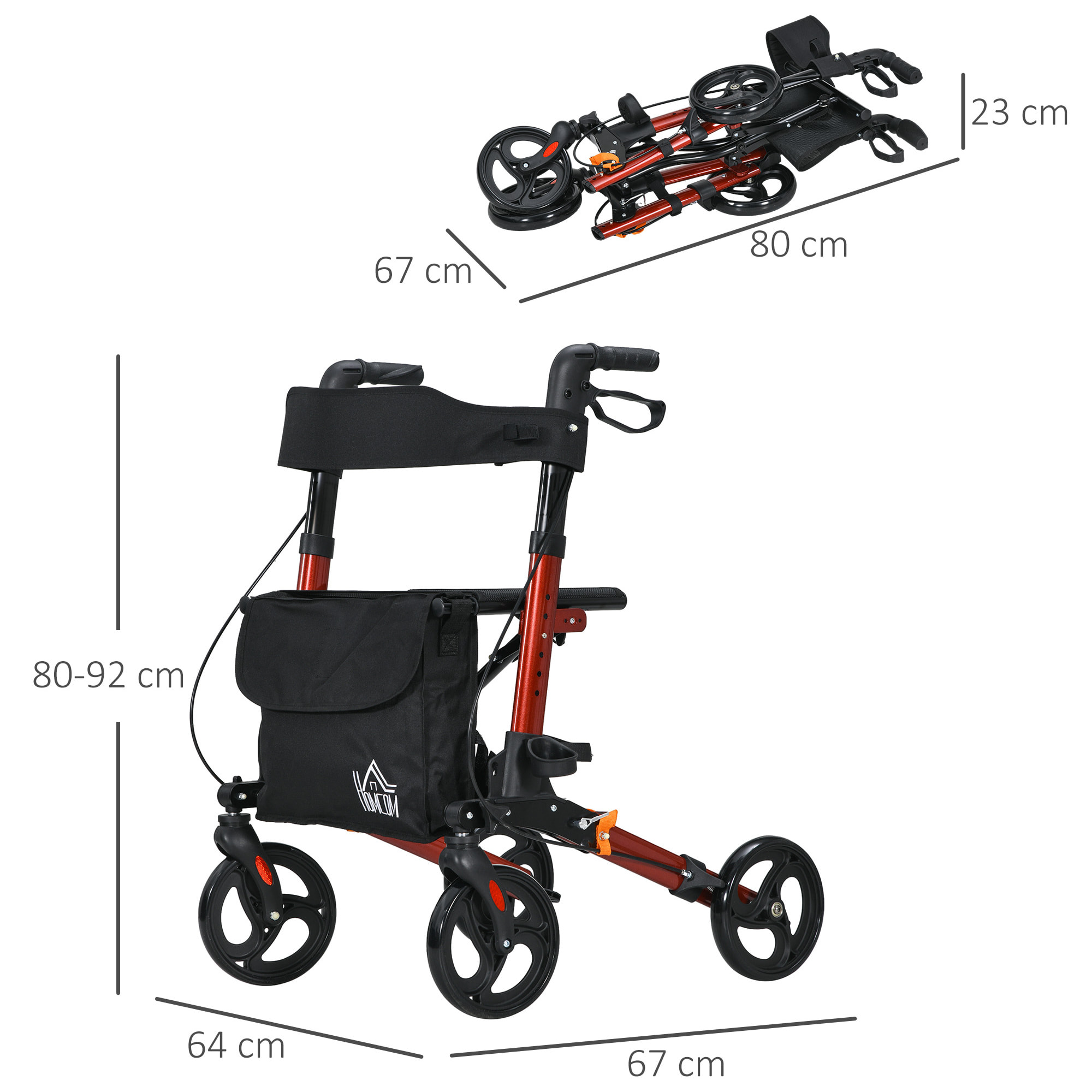 Andador para Ancianos Plegable de Aluminio Andador para Personas Mayores con Asiento y 4 Ruedas Andador con Altura Ajustable Frenos de Maneta y Bolsa de Transporte Rojo y Negro