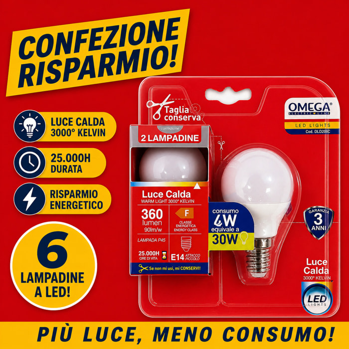 OMEGA Set 6 lampadine sfera led 4W E14 3000K