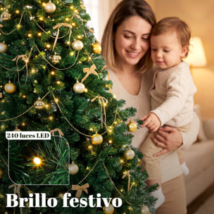 Árbol de Navidad con 240 LED Blanco Cálido, 180 cm, Árbol de Navidad Decorativo, 755 Ramas Ignífugas, Estrella, 30 Bolas, 18 Lazos y Decoración Dorada, Verde