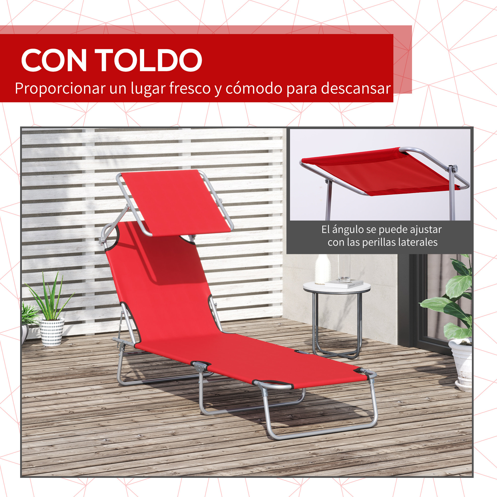 Tumbona Plegable Tumbona de Jardín Exterior Reclinable con Toldo Desmontable con Ángulo Regulable Respaldo Ajustable en 4 Niveles para Terraza Piscina Patio 187x58x36 cm Rojo