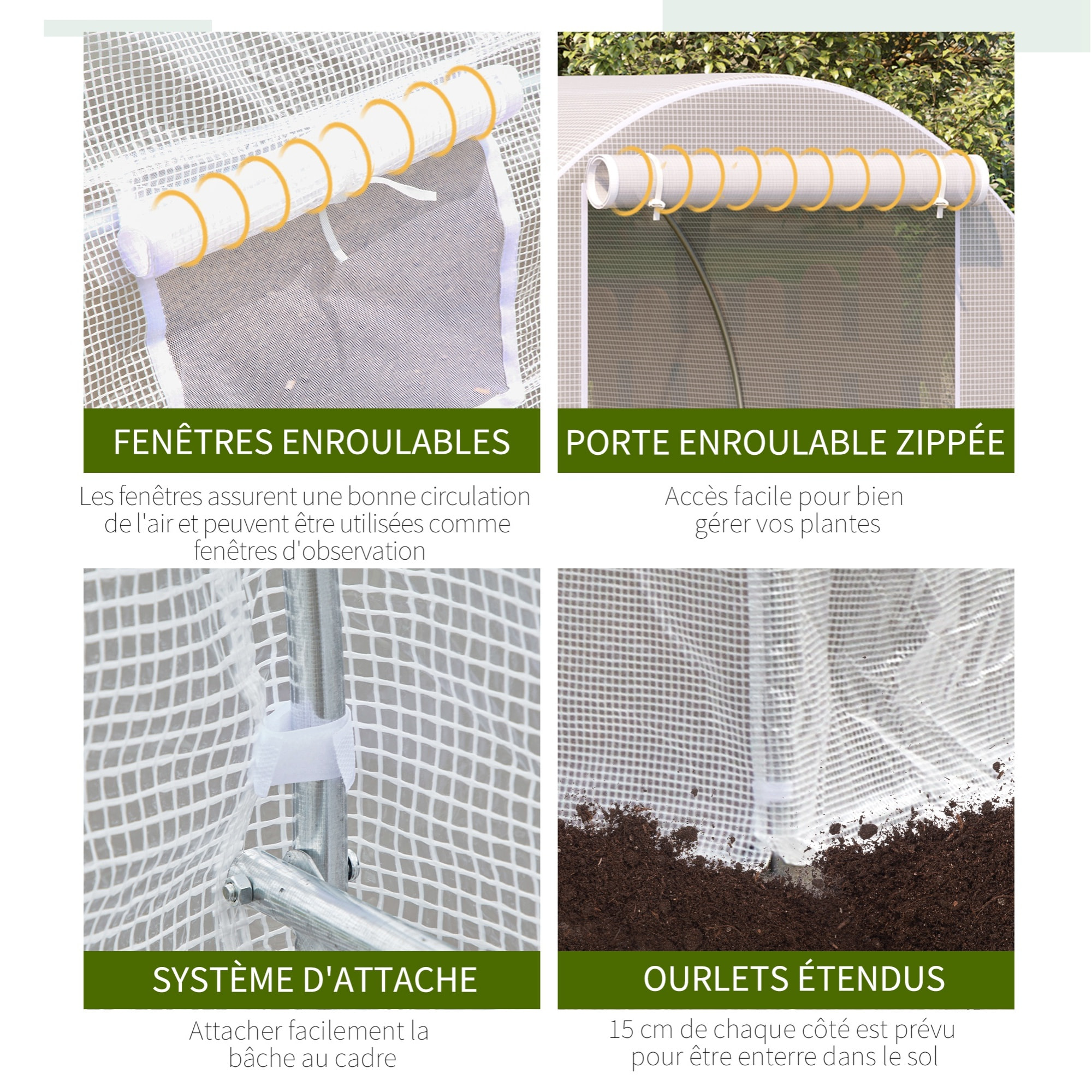 Serre de jardin tunnel surface sol 8 m² 4 x 2 x 2 m châssis tubulaire renforcé 18 mm 6 fenêtres blanc