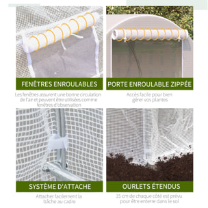 Serre de jardin tunnel surface sol 8 m² 4 x 2 x 2 m châssis tubulaire renforcé 18 mm 6 fenêtres blanc