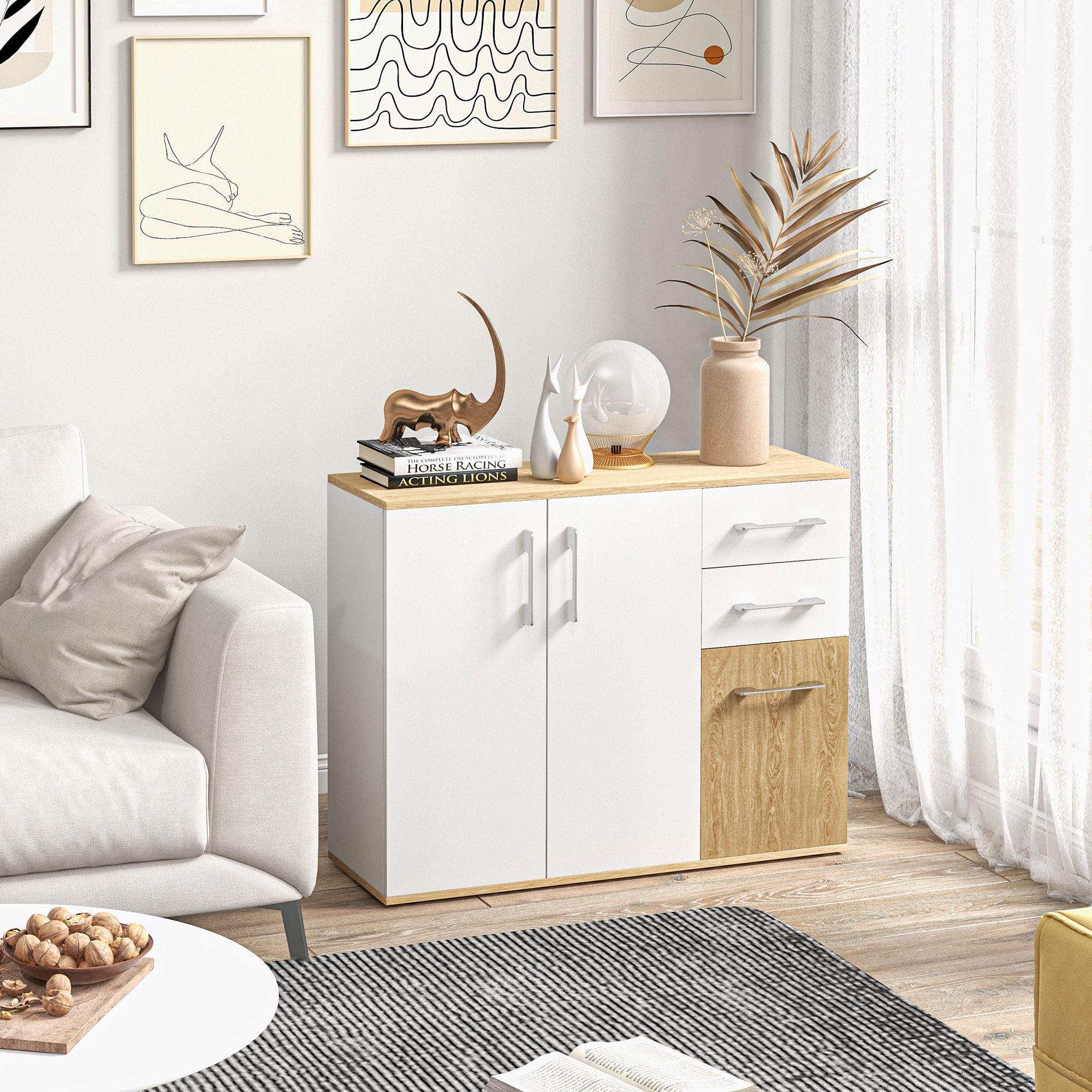 Buffet rangement 3 portes étagère 2 tiroirs coulissants panneaux aspect bois clair blanc
