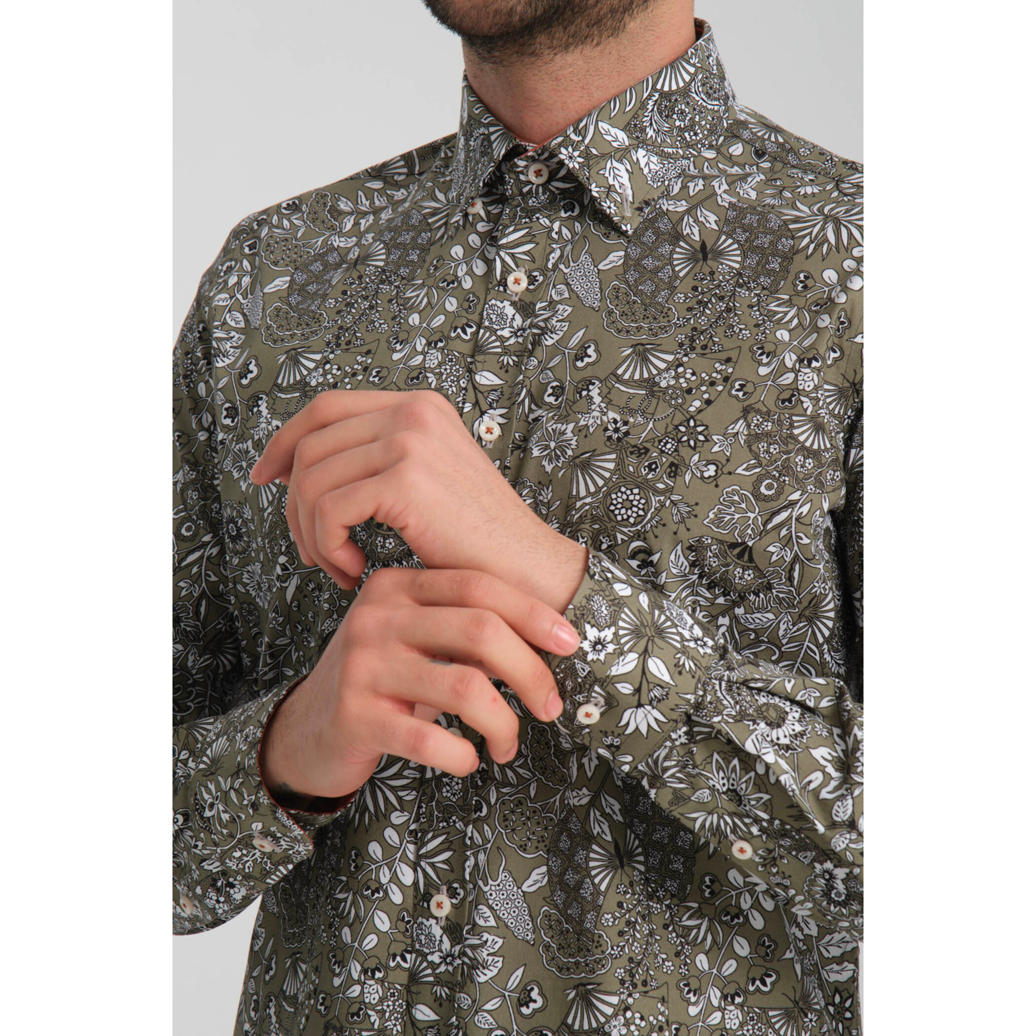 camicia uomo 1 bottone button down slim Popeline Stretch Stampato Verde Bianco