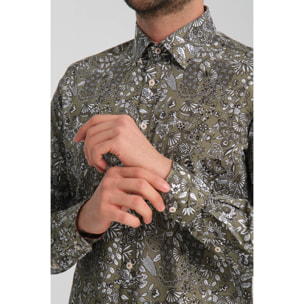 camicia uomo 1 bottone button down slim Popeline Stretch Stampato Verde Bianco