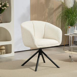Chaise de salle à manger pivotante design effet laine bouclée crème piètement croisé métal noir