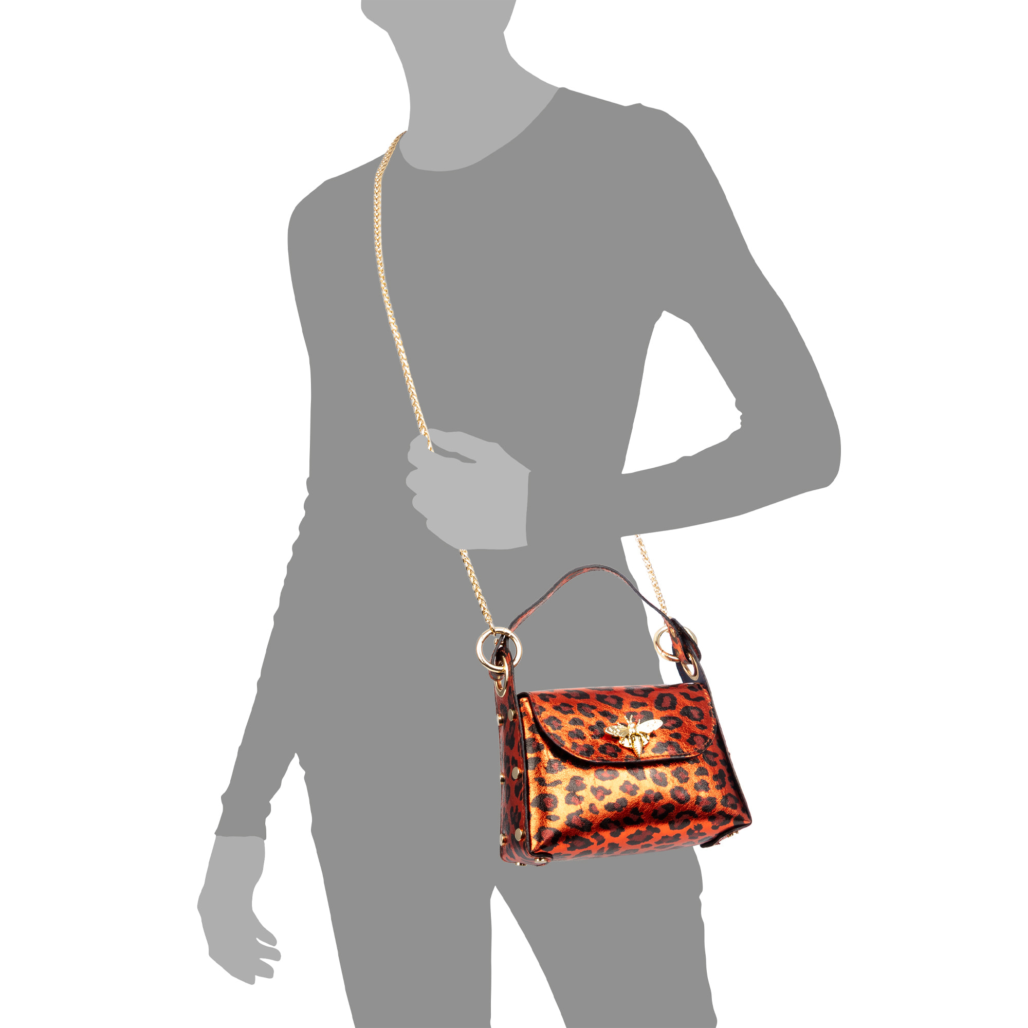 Aquileia bolso de mano mujer. Piel auténtica Gamuza con estampado animal print leopardo lacada brillante.