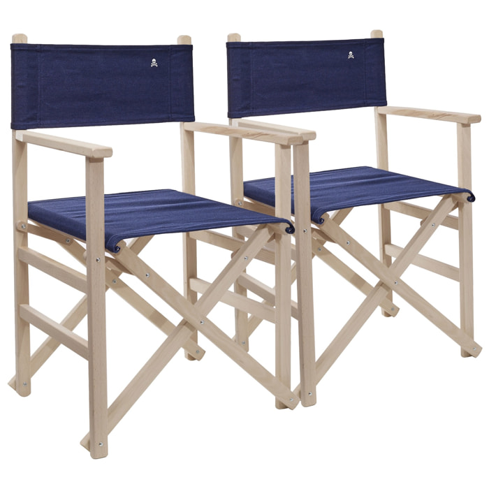 Set de 2 sillones director plegables estructura sin barniz con lona color azul oscuro