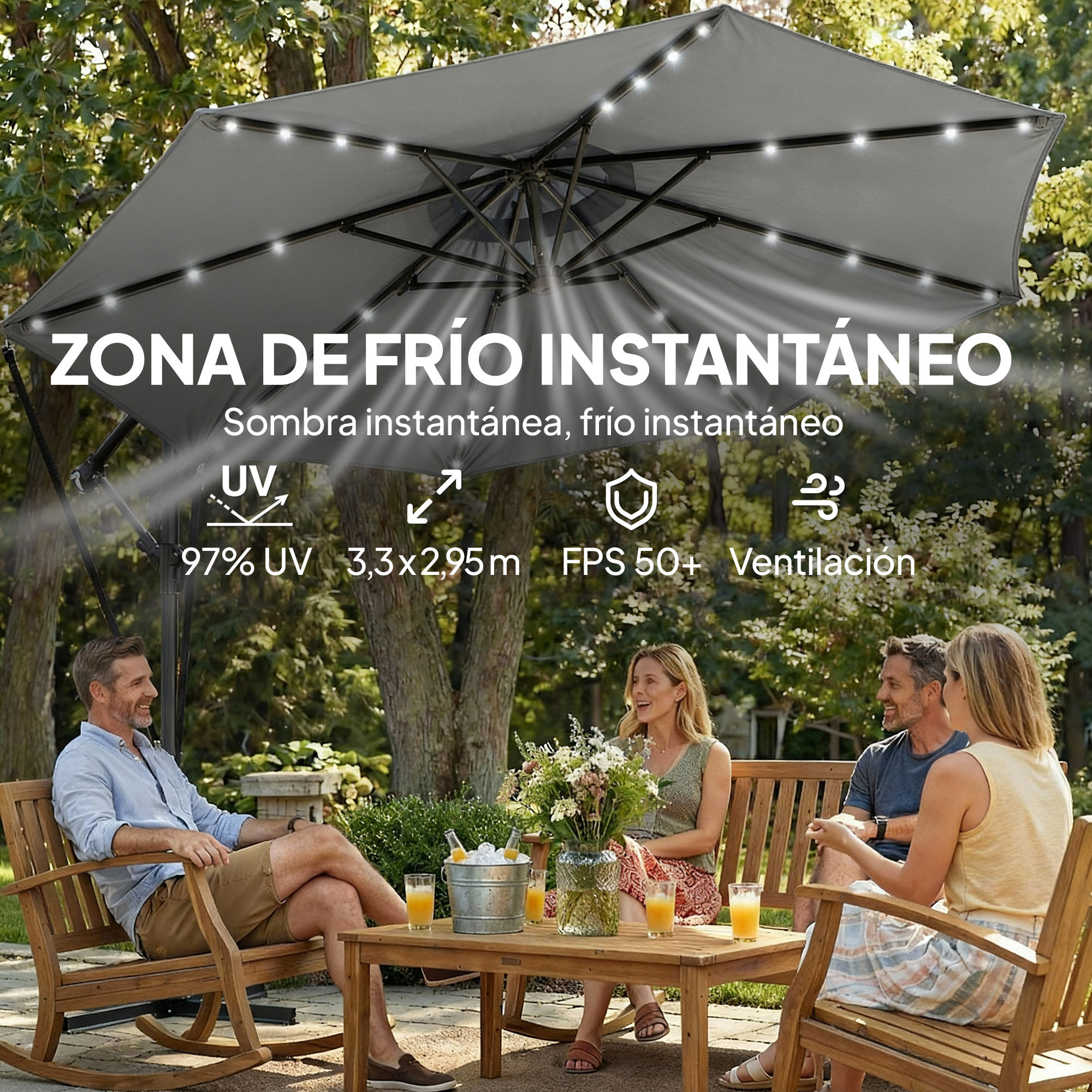 Parasol Excéntrico con Luces LED Solares, Ø330 cm, Sombrilla de Jardín con Base Cruzada, Manivela, Funda Protectora y Cuerda de Viento, Anti-UV 50+, para Terraza, Patio, Gris Oscuro