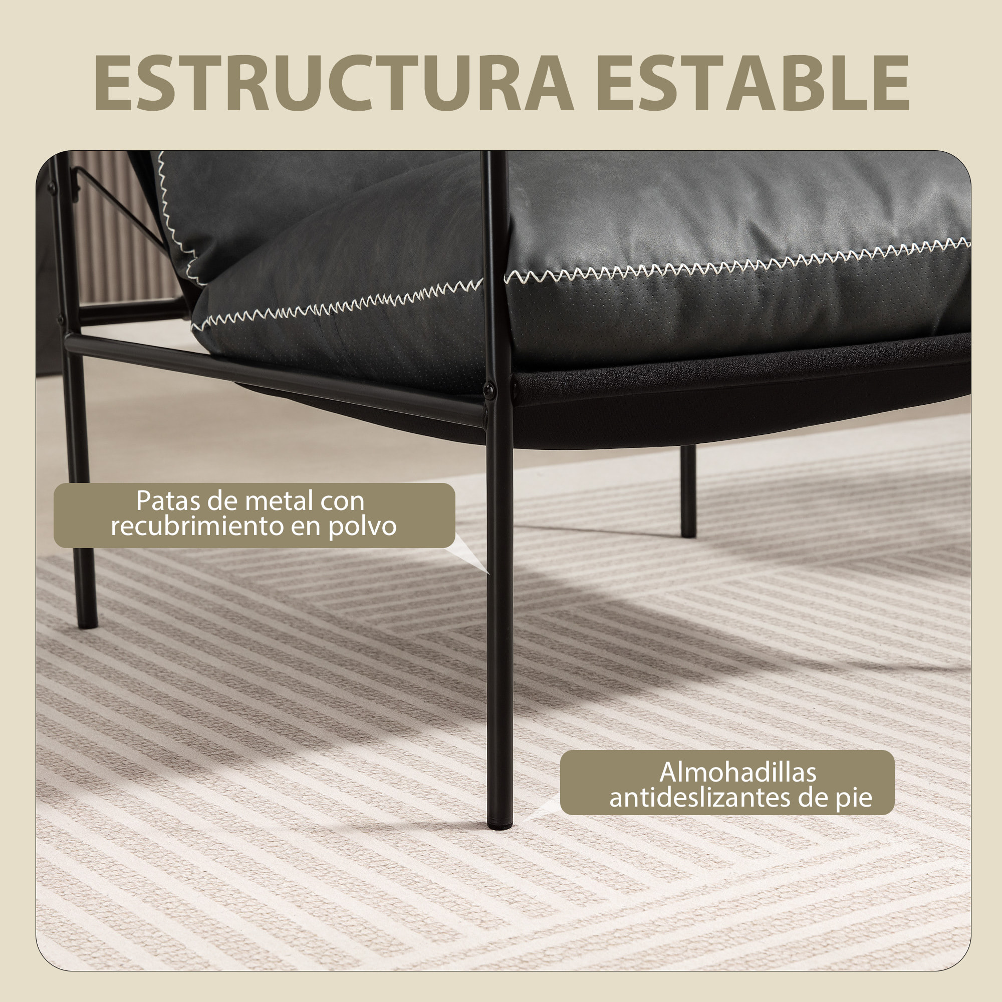 Butaca de Salón Moderna, Sillón de Lectura Tapizado en Cuero Sintético, Fundas de Cojines Extraíbles, Acolchado Grueso, Patas de Metal, para Dormitorio, Oficina, Gris Carbón