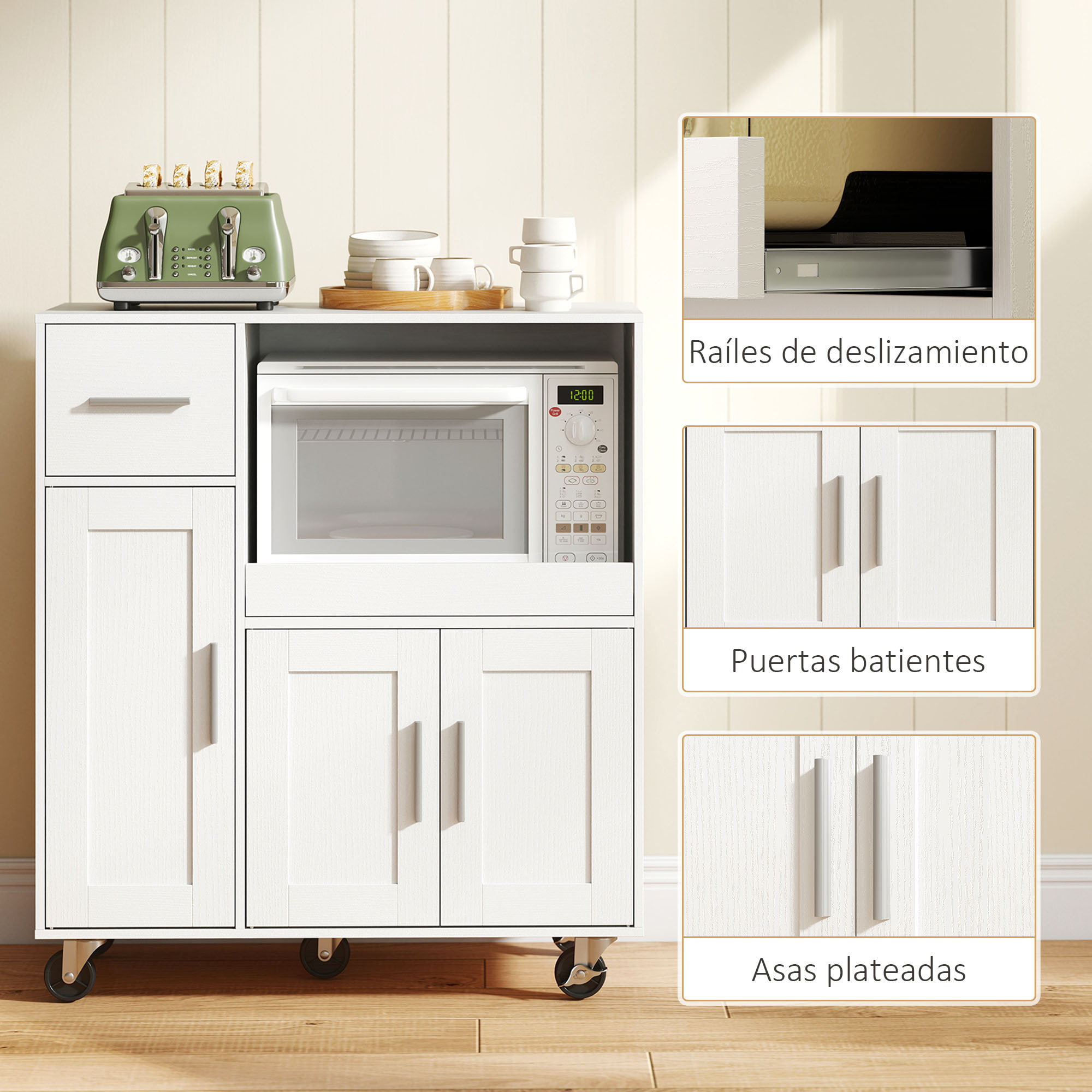 Mueble Auxiliar de Cocina con Ruedas, Aparador de Cocina para Microondas con Bandeja Deslizante, Cajón, 3 Puertas, Estante Ajustable y Orificio para Cables, para Salón, 80x40x88,7 cm, Blanco