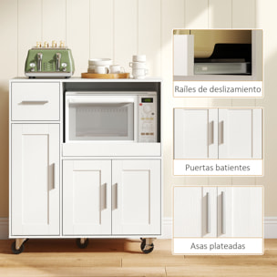 Mueble Auxiliar de Cocina con Ruedas, Aparador de Cocina para Microondas con Bandeja Deslizante, Cajón, 3 Puertas, Estante Ajustable y Orificio para Cables, para Salón, 80x40x88,7 cm, Blanco