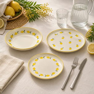 Lot de 6 assiettes plates 26cm en grès jaune et blanc à motif citron CITRON