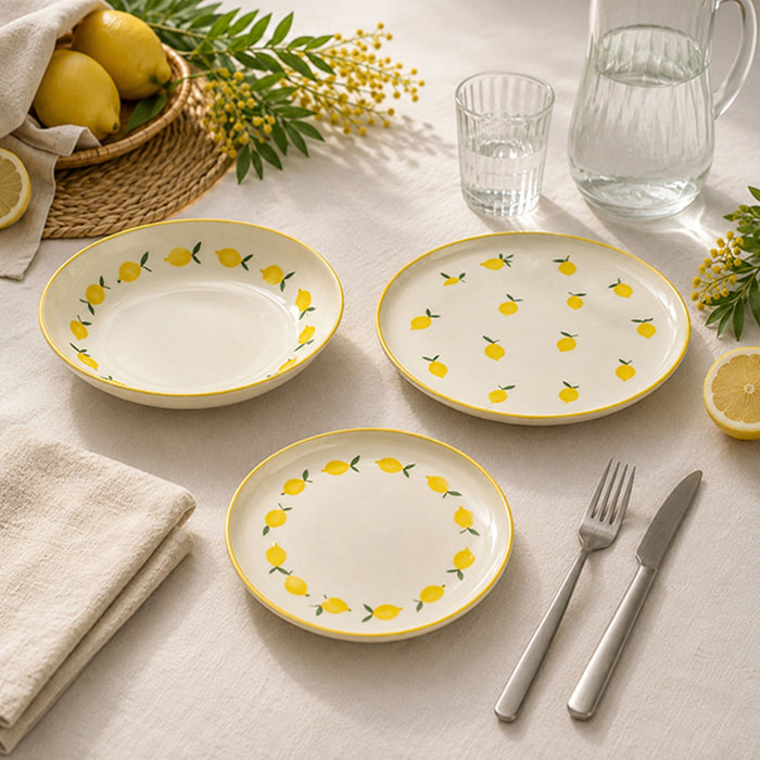 Lot de 6 assiettes plates 26cm en grès jaune et blanc à motif citron CITRON