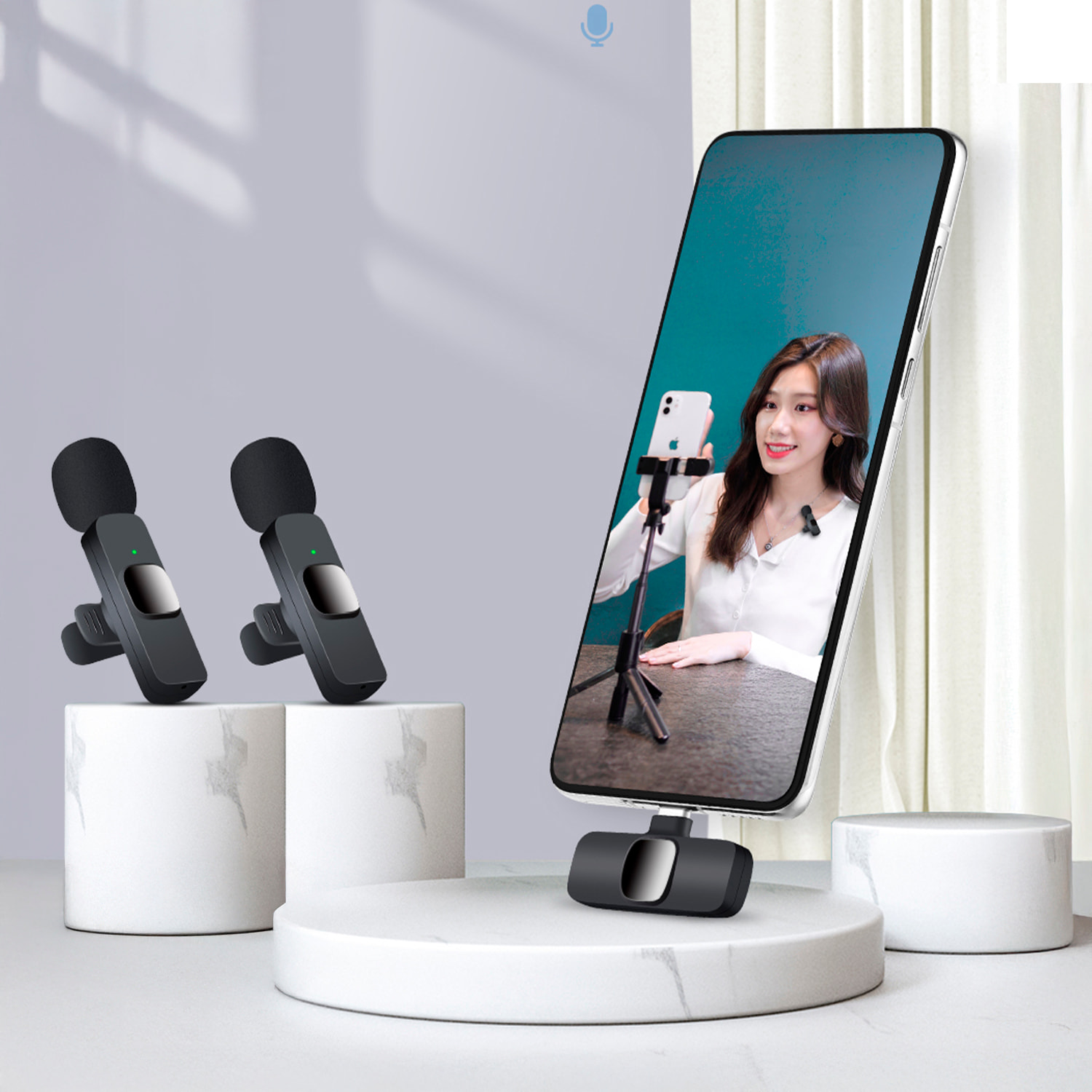 Set de 2 micros de solapa K9, Plug & Play. Reducción de ruido, inalámbrico, 2.4GHz. Para iOS y Android.