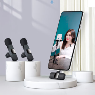 Set de 2 micros de solapa K9, Plug & Play. Reducción de ruido, inalámbrico, 2.4GHz. Para iOS y Android.