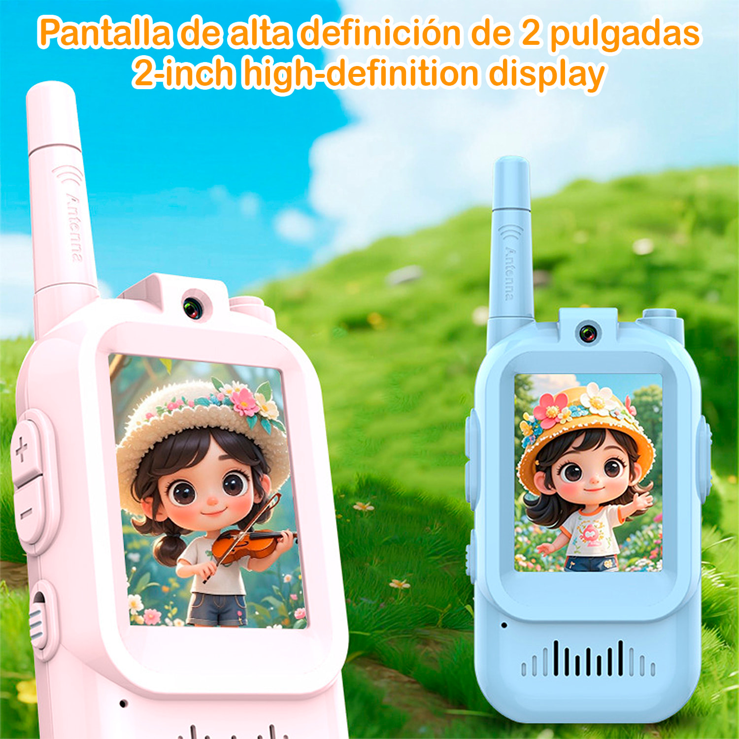Walkie-Talkie per bambini con intercomunicatore video e 4 modalità di visualizzazione. 150-500 metri di connessione chiara, schermo da 2" e 4 modalità vocali.