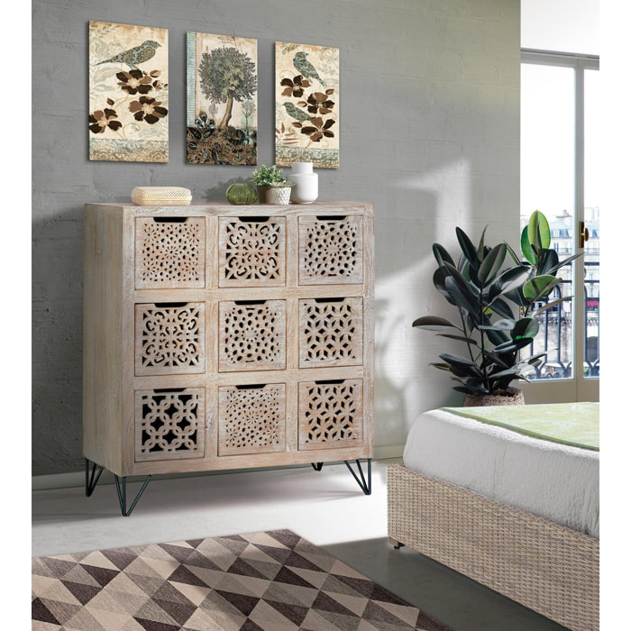 Cómoda de Madera de Mango 112 Cm Estilo Étnico Boho Tallado