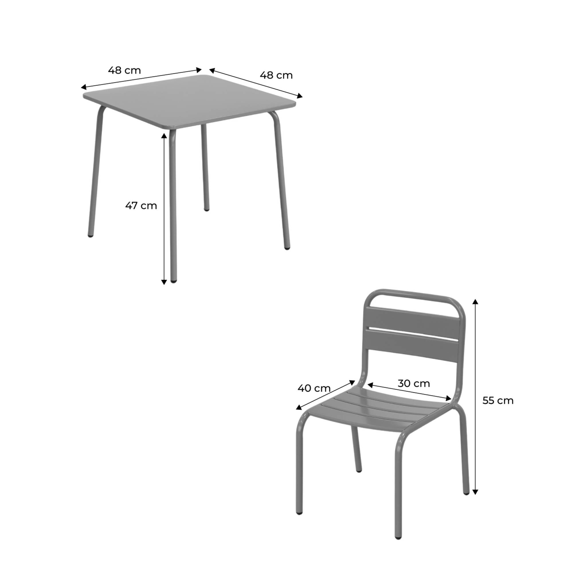 Table de jardin enfant métal + 2 assises vert de gris Anna. 48x48cm
