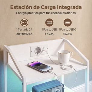 Juego de 2 Mesitas de Noche con Luces LED RGB y Estación de Carga, Mesitas Auxilifares con 2 Cajones de Tela, Diseño Moderno, para Dormitorio, Salón, 40x30x60 cm, Blanco