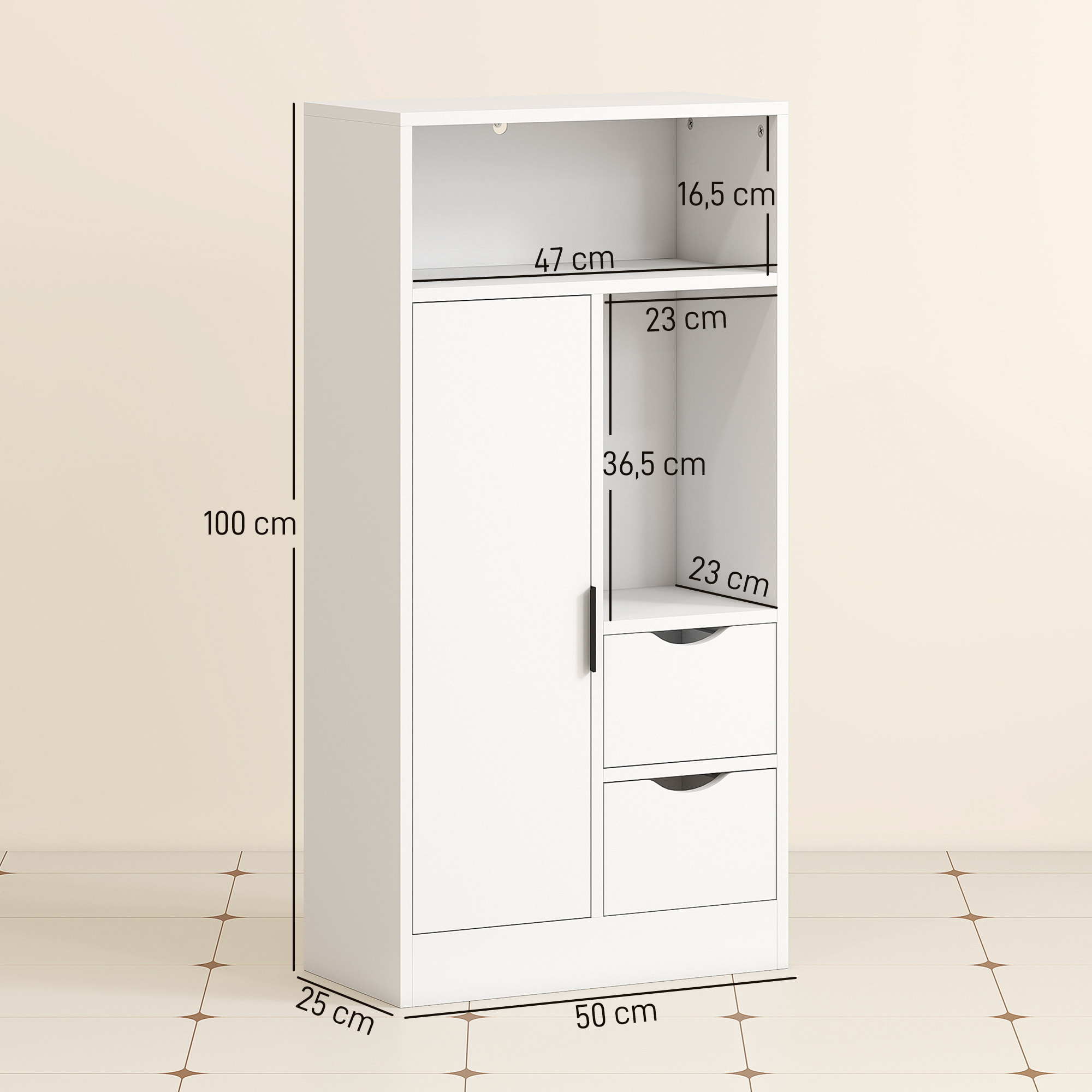 Mueble de Baño Estrecho Armario de Baño con 2 Cajones Compartimento Abierto y Estantes Ajustables para Espacio Pequeño Cocina Salón 50x25x100 cm Blanco