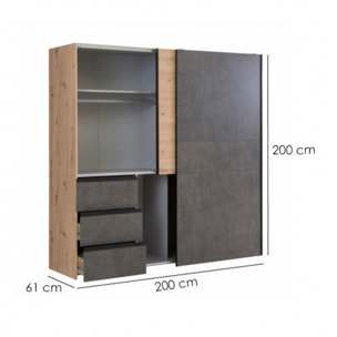 Armoire portes coulissantes 3 tiroirs L200 cm - 2 coloris - LOOKY