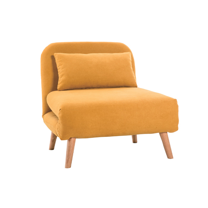 Fauteuil convertible scandinave en tissu effet velours jaune moutarde et bois clair AMIKO