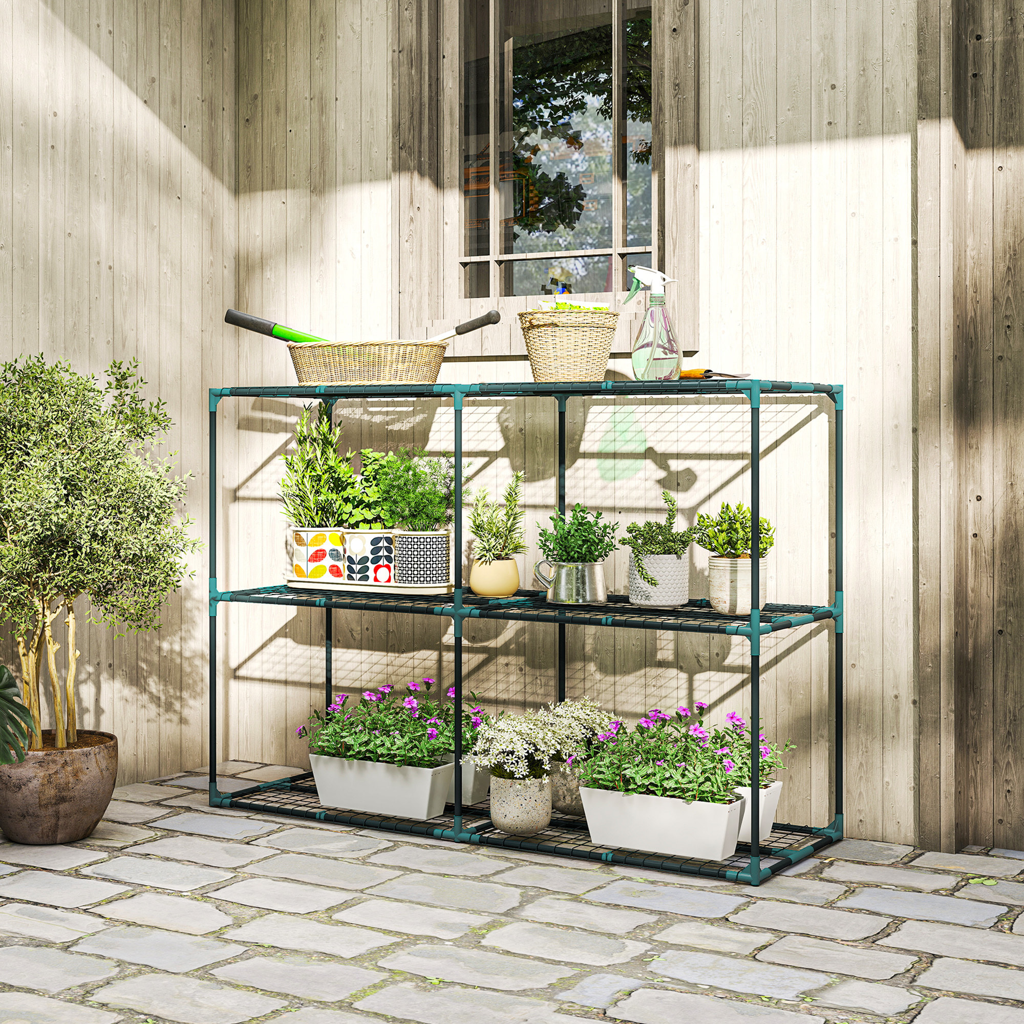 Soporte para Plantas de 3 Niveles para Interior y Exterior, Estantería para Plantas de Acero, Resistente y Estable, Estante para Macetas, Patio, Jardín, Balcón, Verde Oscuro