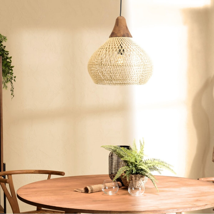 SIXTINE - Suspension 'cloche' 40x40cm rotin couleur naturelle et teck