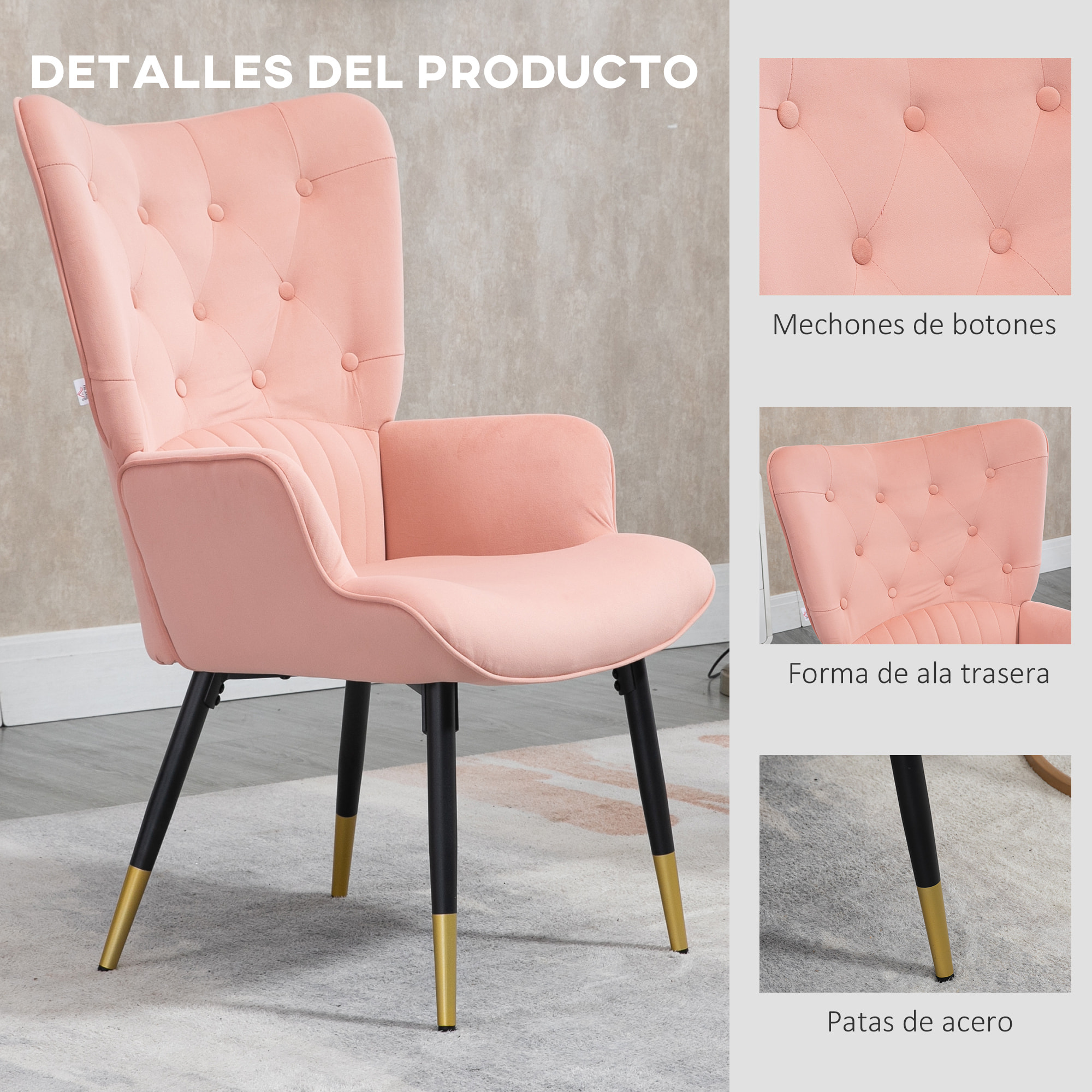 Sillón Individual Sillón Orejero Butaca de Salón Tapizado en Terciopelo con Respaldo Alto Reposabrazos y Patas de Acero Estilo Moderno 68x72x103 cm Rosa