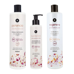 Pack Flor de Hibisco: Champú potenciador de brillo 500 ml + Gel de ducha 500 ml + Acondicionador recuperador de brillo 200 ml Planeta Huerto