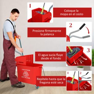 Cubo de Fregona con Ruedas Capacidad de 20 L Cubo de Fregar con Sistema de Escurridor Ruedas y Asa de Transporte para Doméstico y Comercial Rojo