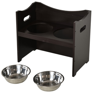 Gamelle double chien chat Porte-gamelles surélevé dim. 54L x 31l x 47H cm 2 gamelles acier inox. incluses MDF brun foncé