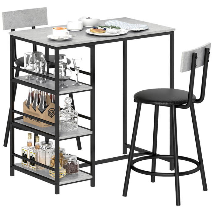 Conjunto de Mesa Alta de Bar con 2 Taburetes Mesa Alta de Cocina con Taburetes Estantes Laterales Asiento Acolchado y Barra para Descanso de Pies para Comedor Gris Oscuro