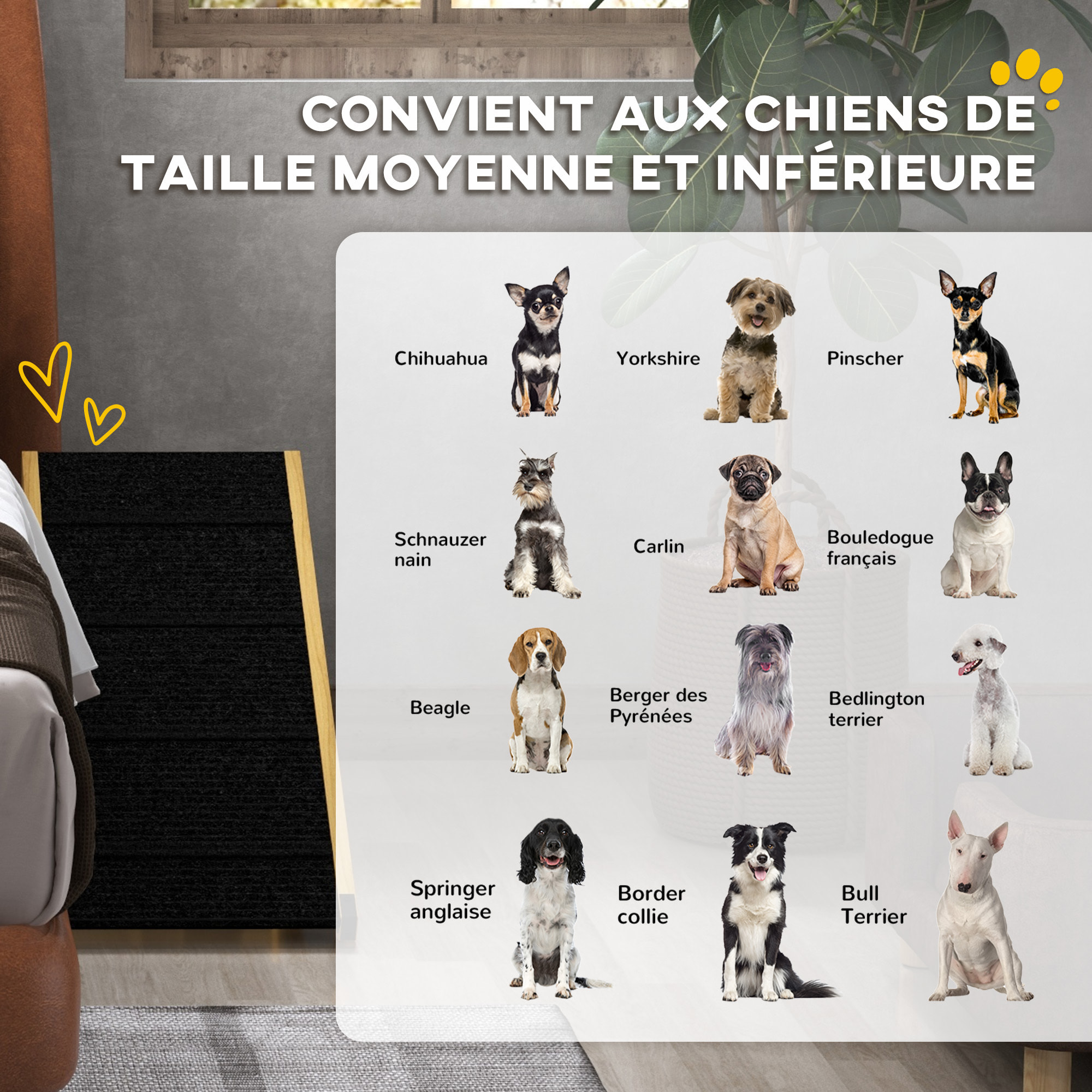Rampe pour chien et chat - escalier pour chien pliable réglable en hauteur 24-47,5 cm - bois polyester noir